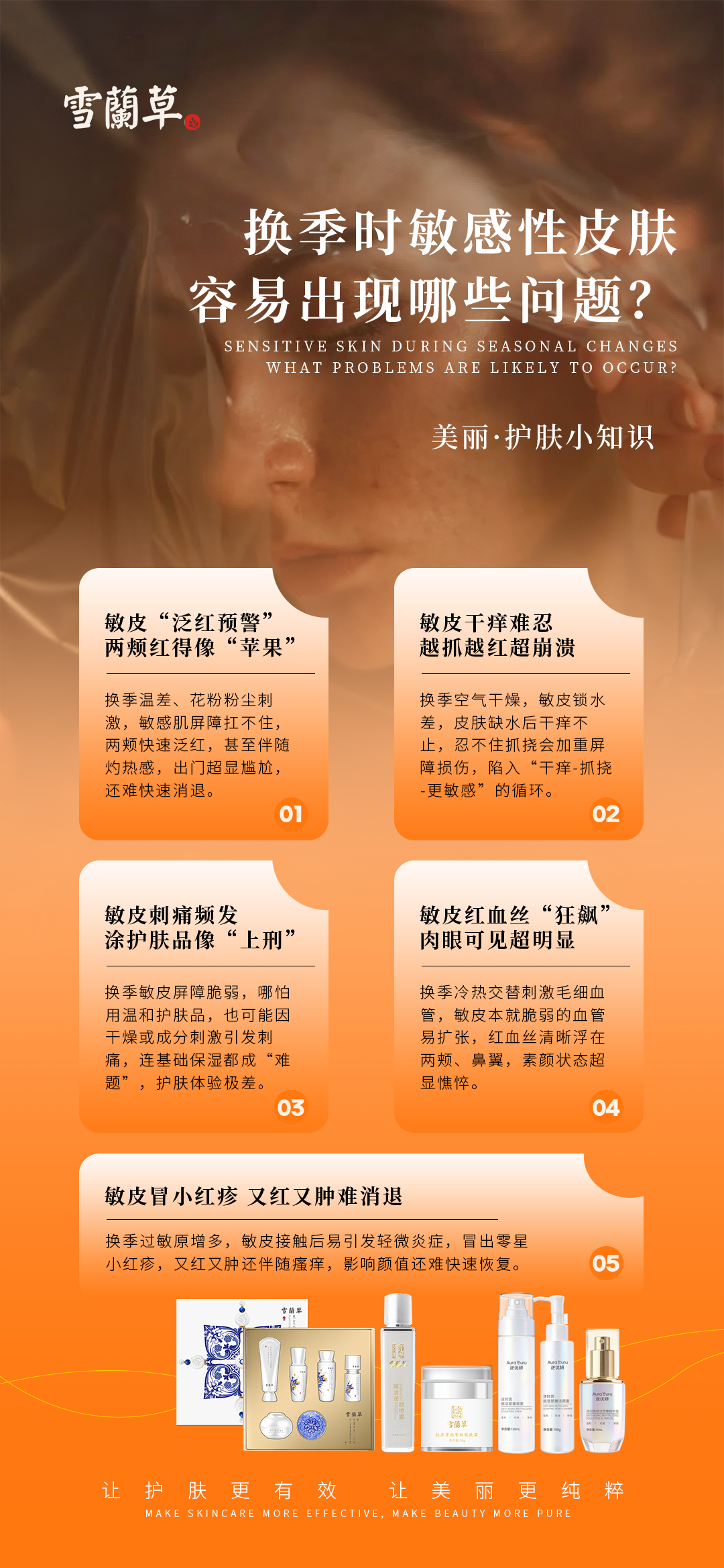 换季不换脸，肌肤一直在线！。一到换季，皮肤就开始闹小情绪。干皮紧绷起皮、卡粉卡到怀疑人生。油皮疯狂出油、毛孔粗大还闷痘。敏感肌泛红刺痛、瘙痒又脆弱。屏障受损、缺水粗糙、暗沉无光。各种问题轮番找上门，。雪蘭草全系产品帮你稳住皮肤状态！。愿我们换季不换脸，肌肤一直在线✨